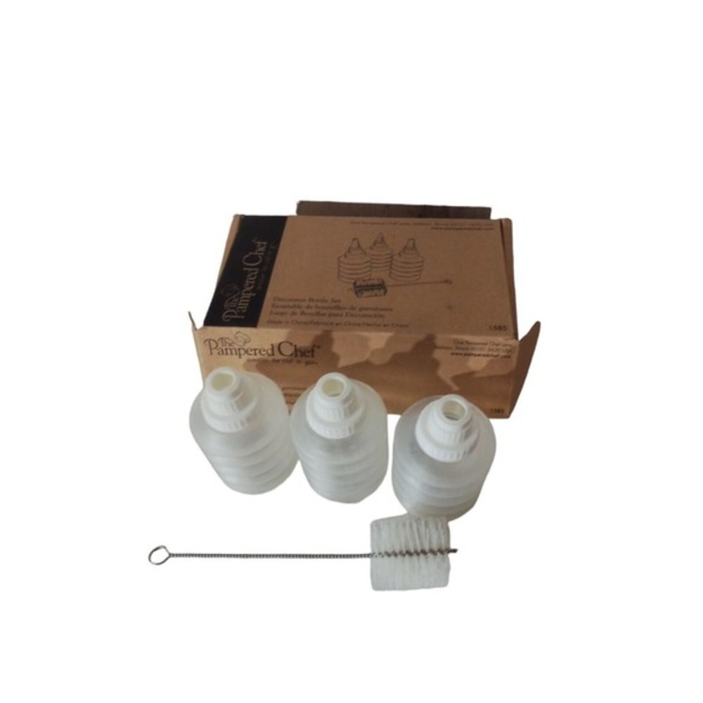 Pampered Chef Decorated Bottle Set‎ Three Bottles With Brush And Original Box